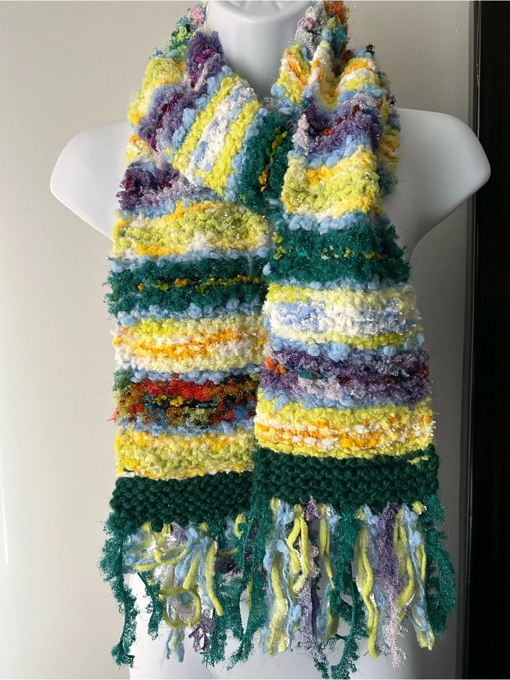 Handmade Multicolor Textured Fringe Scarf - Green, Yellow & Blue